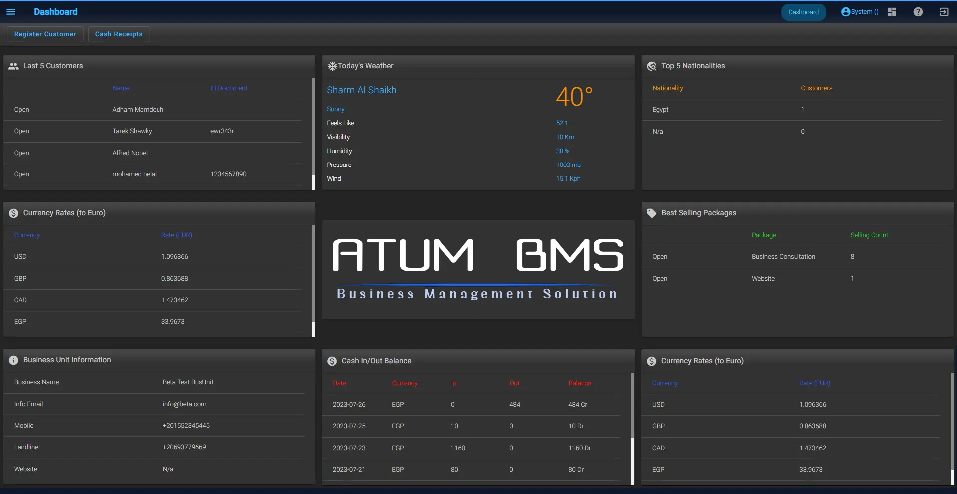 Atum business management dashboard window